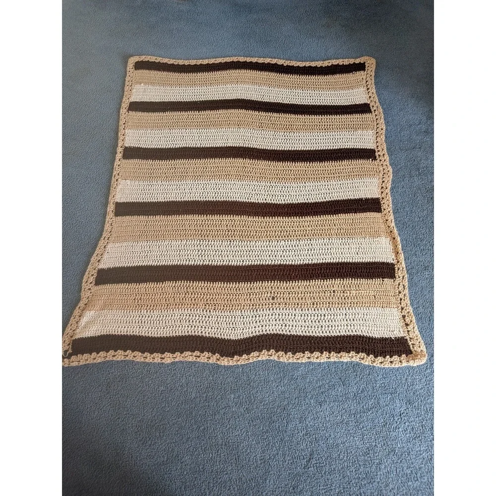Vintage Handmade Crochet Afghan Throw Blanket 63x53 Tan Cream Brown Striped Farm